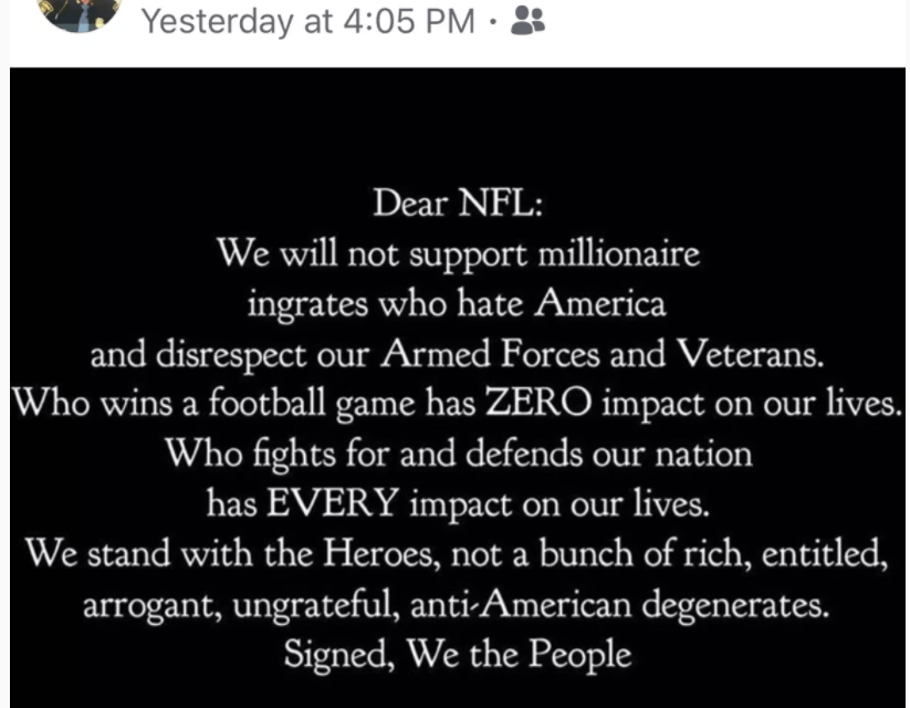 State Police Director’s FB Post Calls NFL Players ‘Degenerates’ When They Kneel